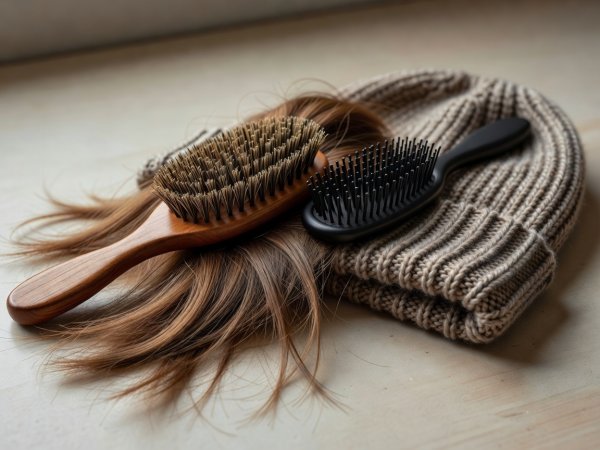 Close-up of a wooden boar and nylon brush smoothing dry hair ends next to a folded knit beanie