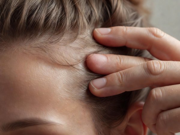 Shallow depth close-up of finger pads resting against the temple hairline to move the scalp skin gently