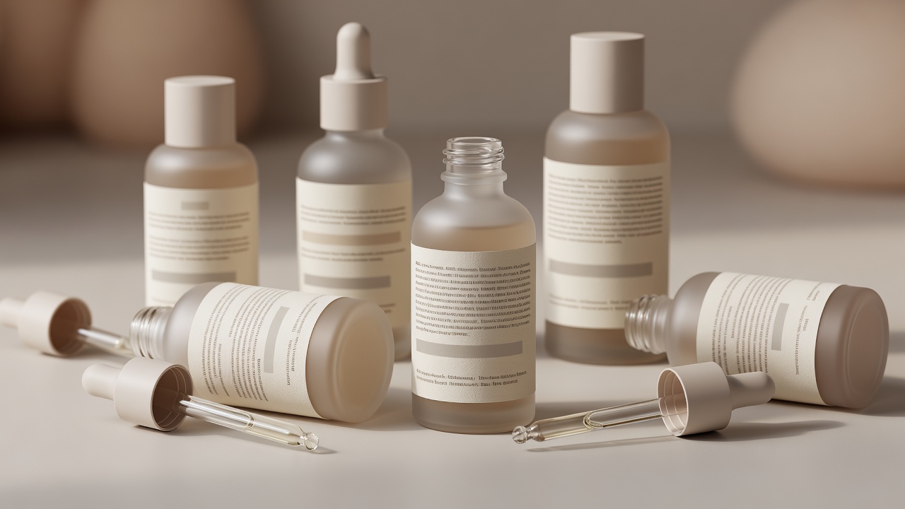 Close-up of clean cosmetic bottles and glass droppers showing printed INCI ingredient lists on warm paper