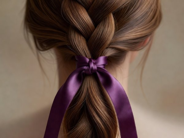 Close-up of a loose braid tied at the bottom with a narrow mulberry silk ribbon